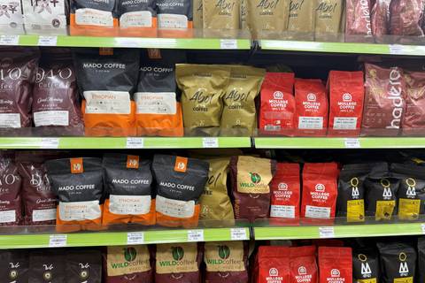 Bags of Ethiopian coffee brands on a shop shelf