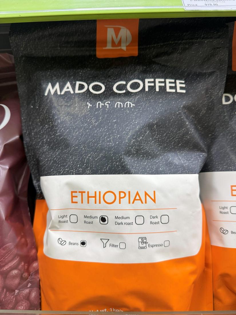 A Mado Coffee bag from its Ethiopian line, with roast and format marked on the label