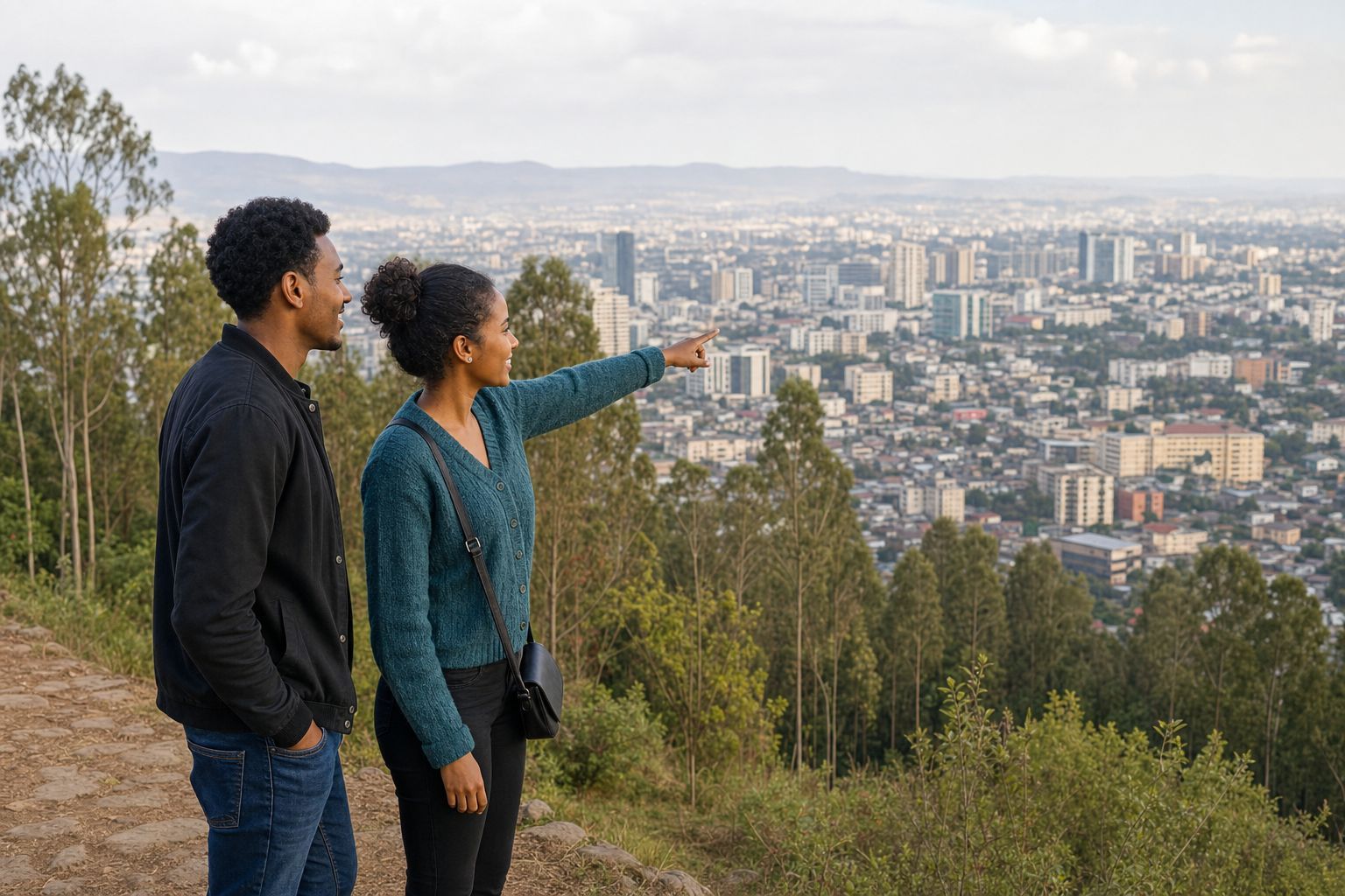 Two Ethiopian visitors looking across Addis Ababa from the Entoto hills