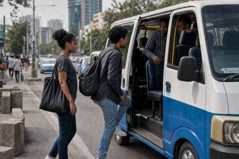 Passengers boarding a blue and white minibus in Addis Ababa