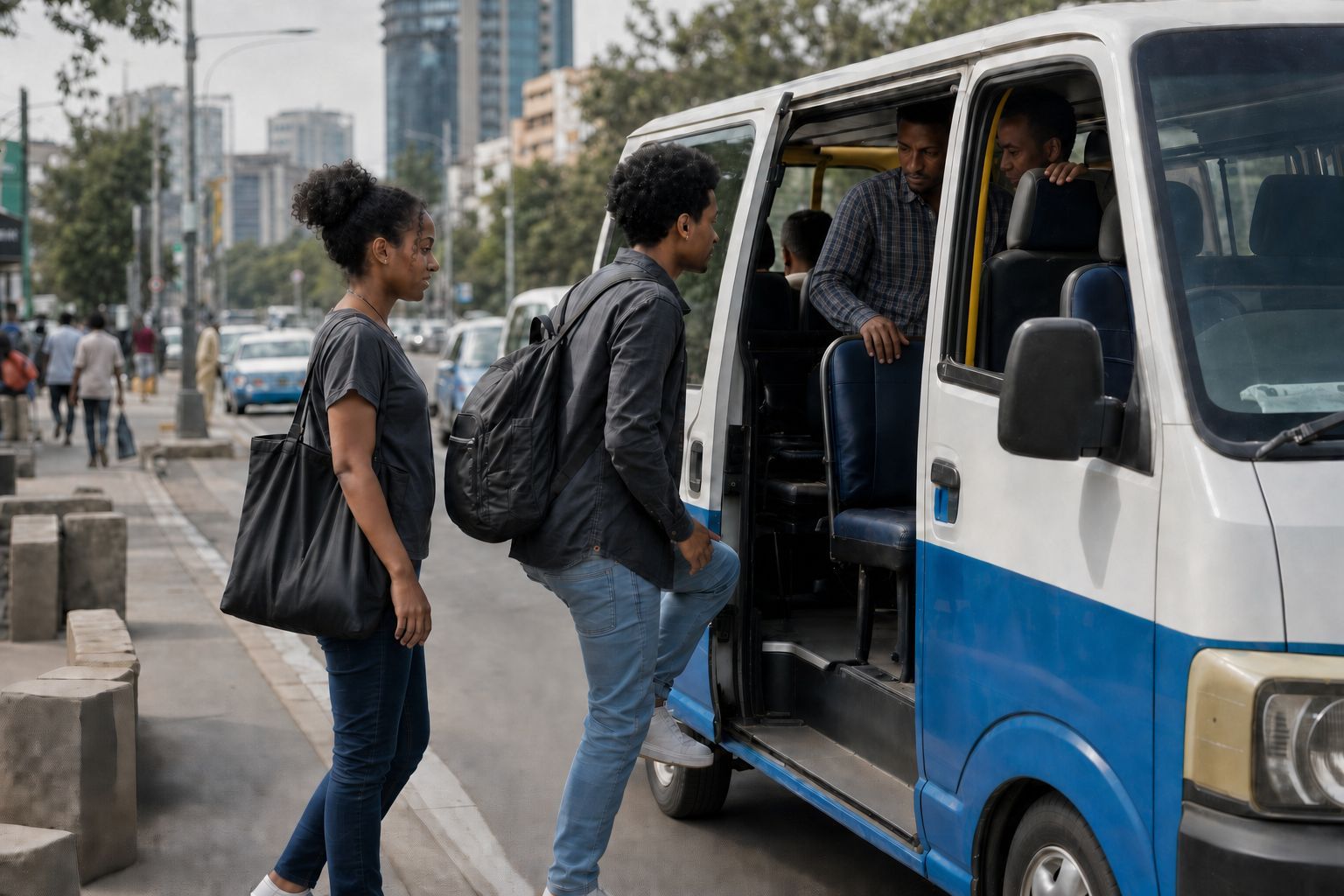 Passengers boarding a blue and white minibus in Addis Ababa