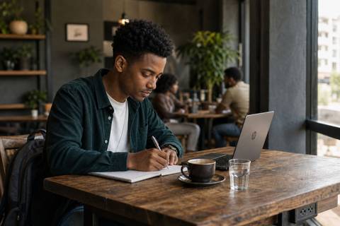 An Ethiopian student working with a notebook and laptop in a quiet Addis Ababa cafe