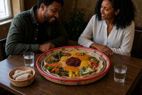 A large Ethiopian beyaynetu platter on injera shared by two diners