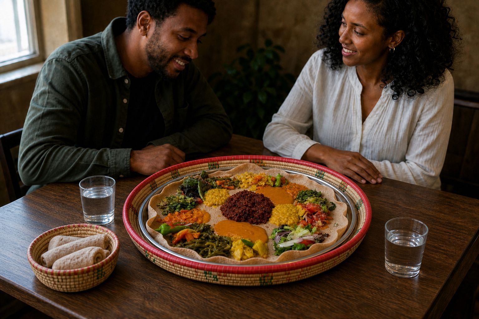 A large Ethiopian beyaynetu platter on injera shared by two diners