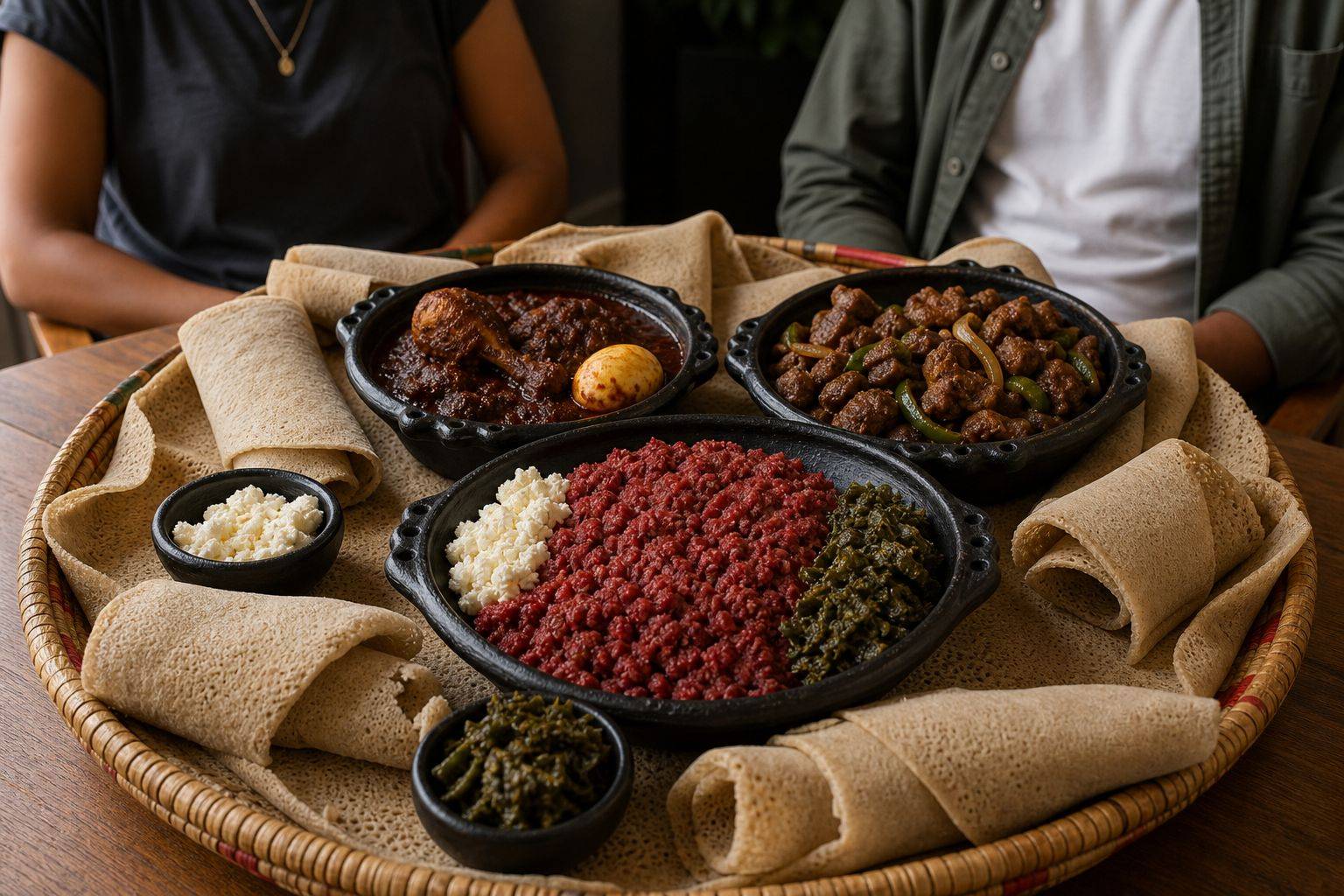 Traditional Ethiopian dishes including doro wot, tibs, and kitfo served with injera