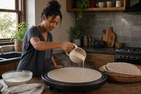 An Ethiopian woman pouring injera batter from a handled jug onto a hot mitad