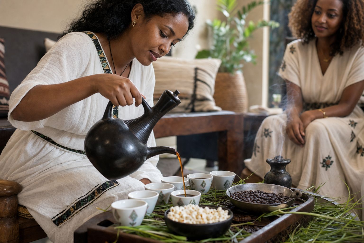 An Ethiopian woman pouring coffee from a black jebena during a home coffee ceremony