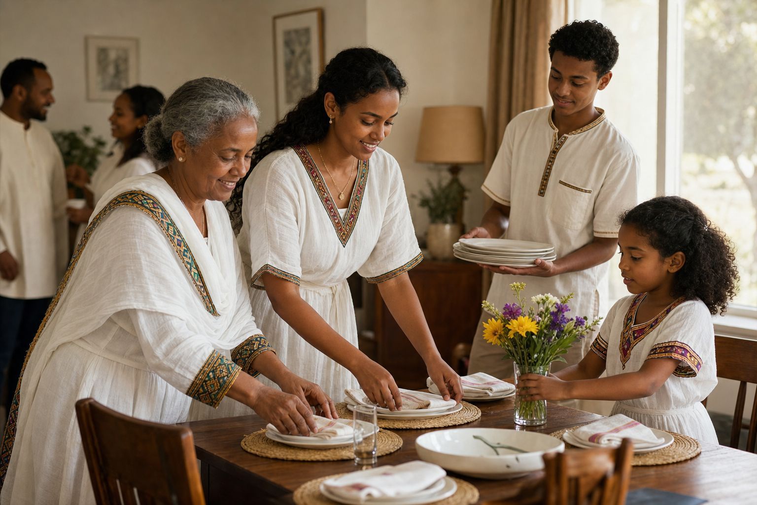 An Ethiopian family preparing a holiday table in traditional white clothing