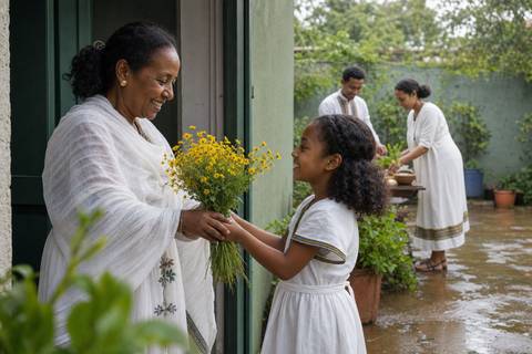 An Ethiopian girl giving yellow Adey Abeba flowers to an older woman for Enkutatash