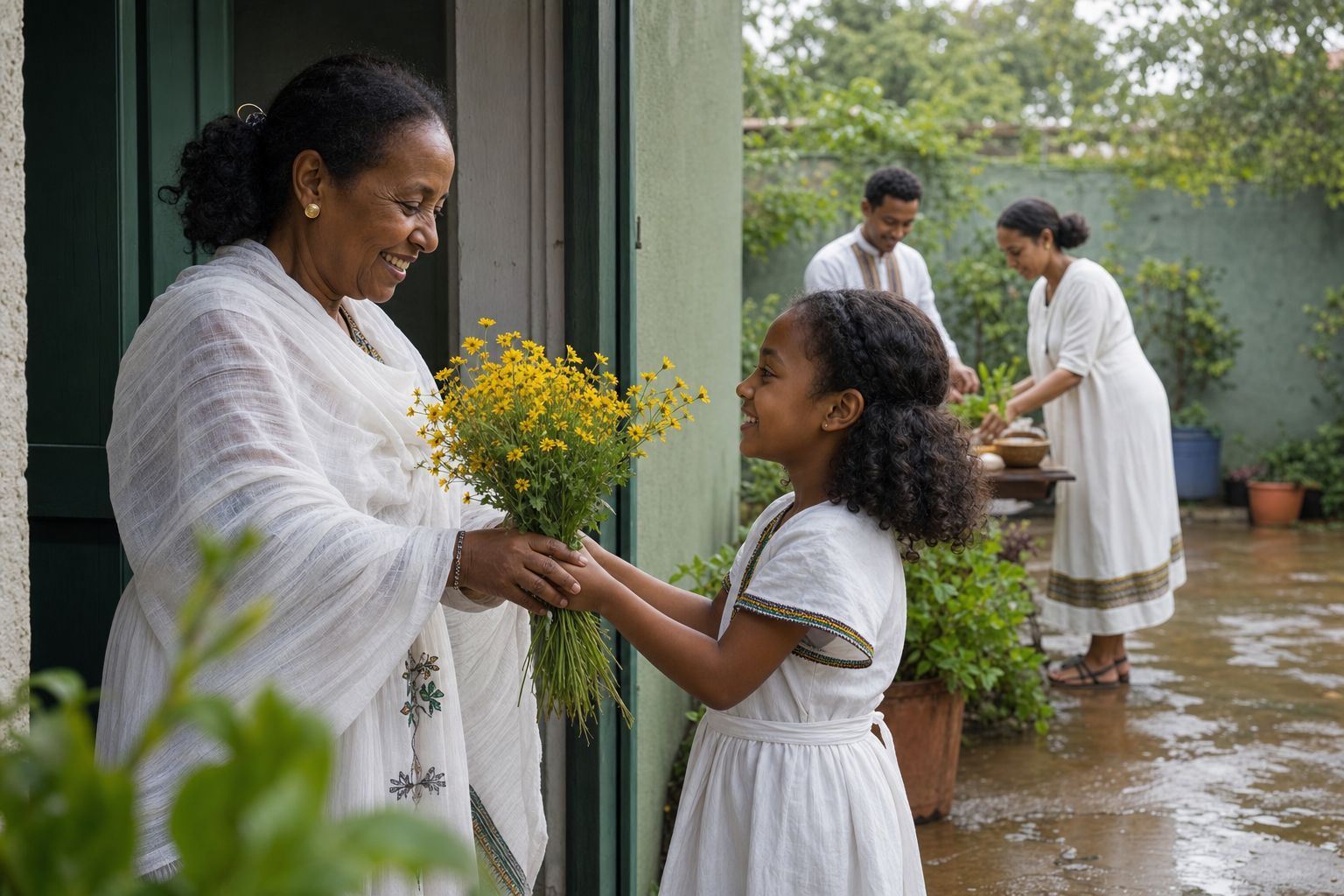 An Ethiopian girl giving yellow Adey Abeba flowers to an older woman for Enkutatash