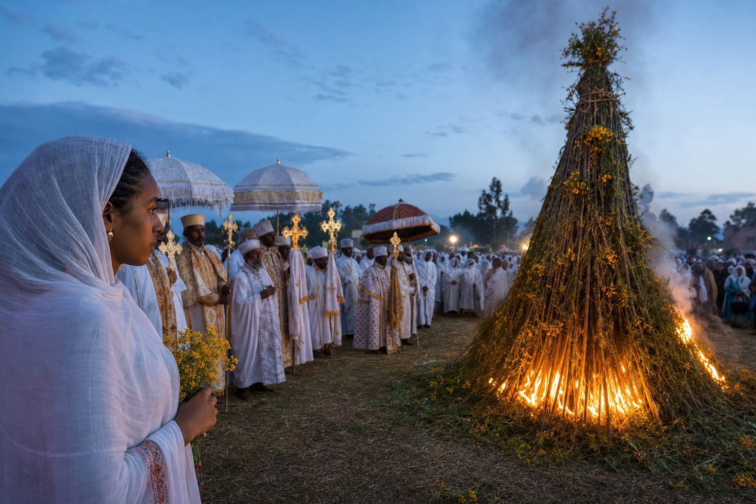 Meskel celebration with a tall Demera bonfire, Ethiopian Orthodox clergy, and worshippers carrying yellow flowers