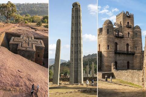 Three views of Ethiopian heritage: the rock churches of Lalibela, an Aksumite stele, and Fasilides Castle in Gondar