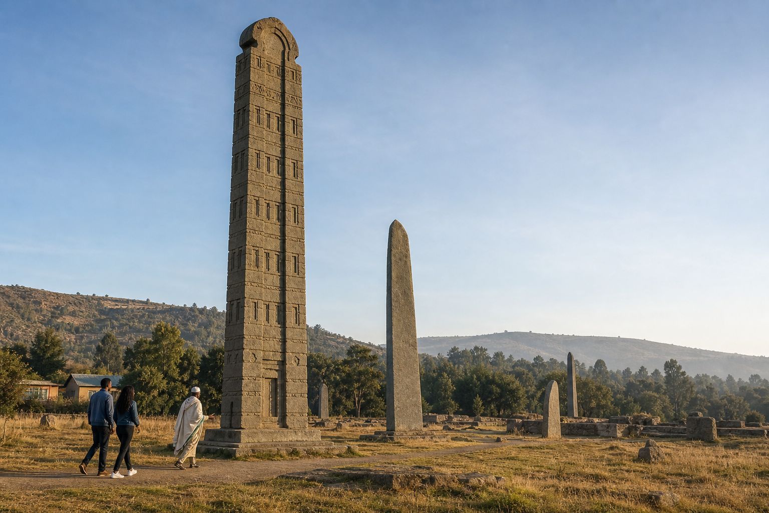 Tall carved Aksumite stele rising above a northern Ethiopian archaeological field