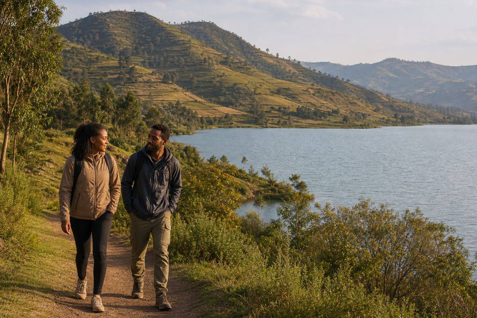 Two travelers walking beside a green highland lake