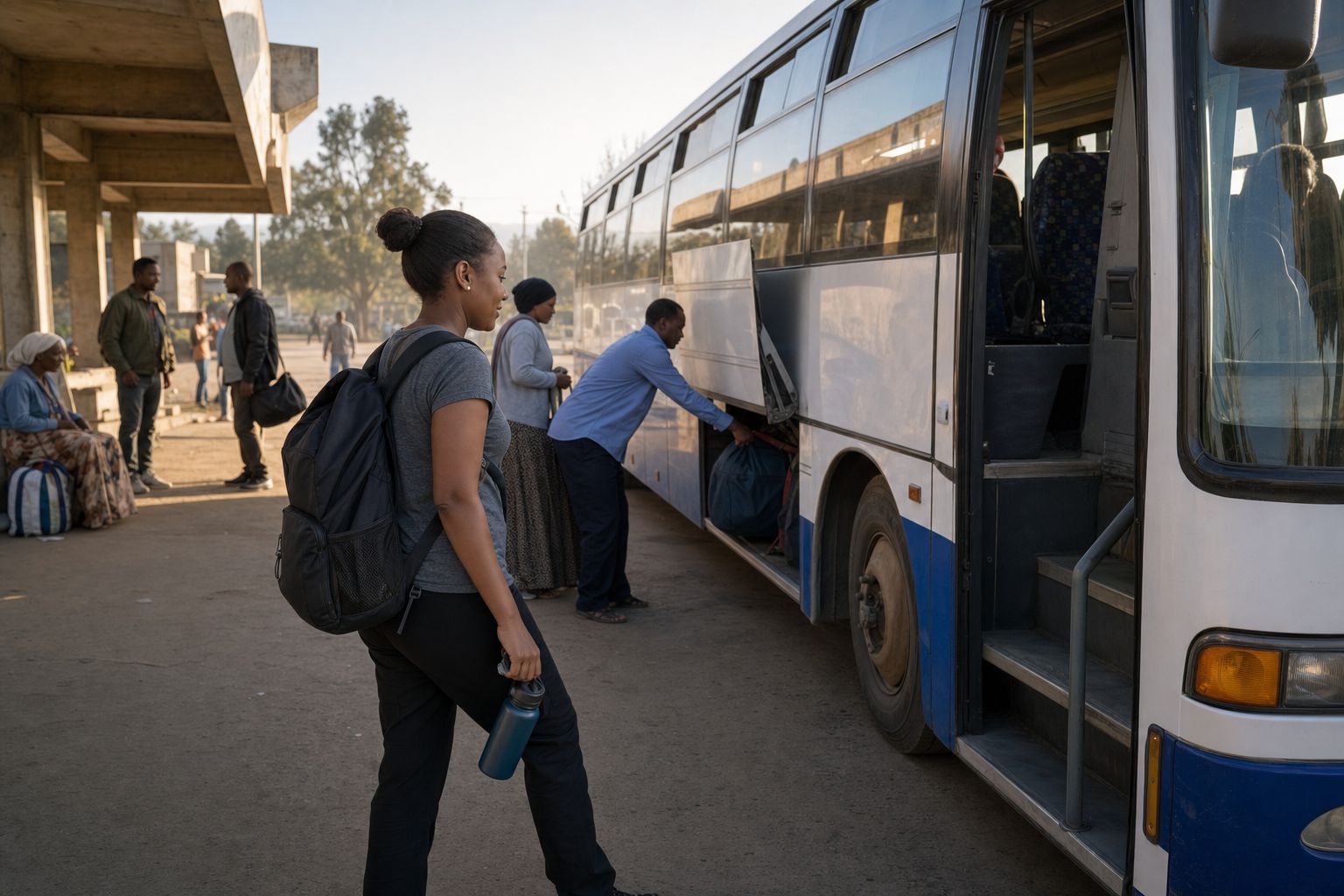 A traveler with a backpack walking toward an intercity bus