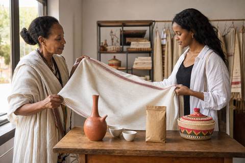 An artisan and shopper examining a handwoven Ethiopian shawl