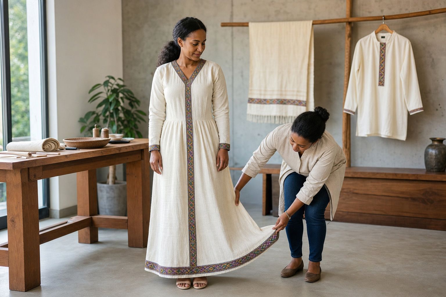 A woman wearing a white woven dress while an artisan adjusts its hem