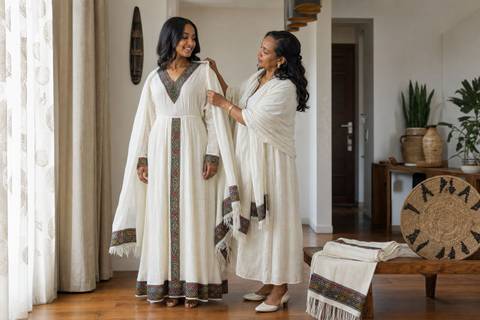 An older woman arranging a shawl on a younger woman wearing a white woven dress