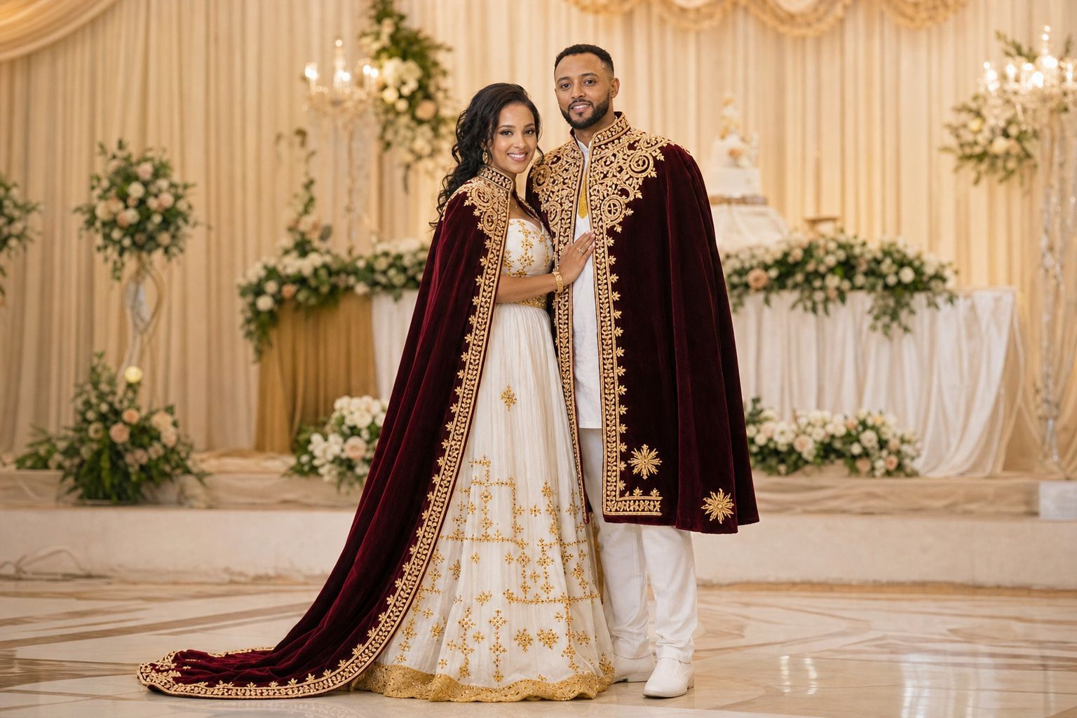 An Ethiopian couple in white traditional clothing celebrating with family