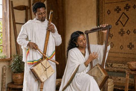 Two Ethiopian musicians playing string instruments with a saxophone standing behind them