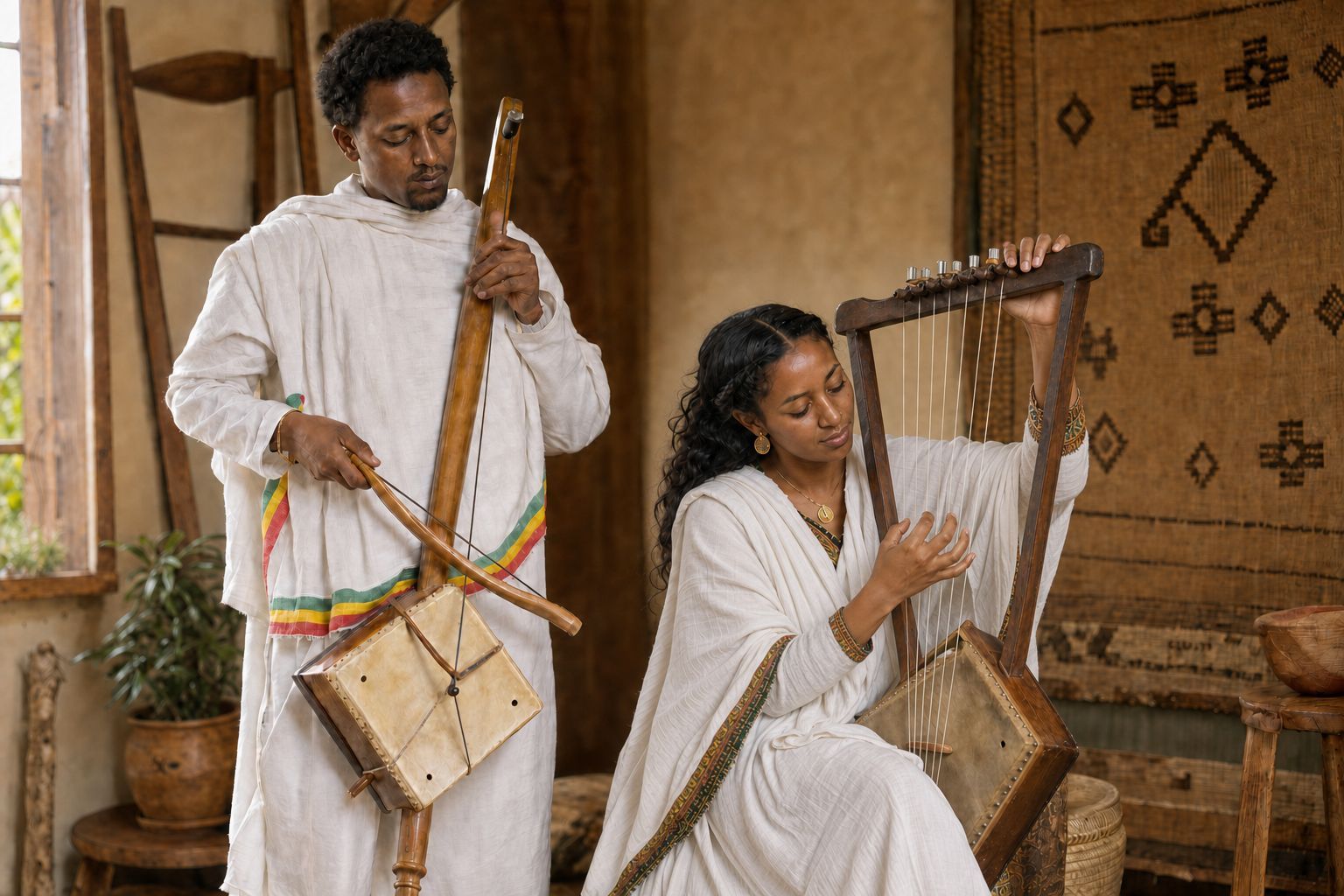 Two Ethiopian musicians playing string instruments with a saxophone standing behind them