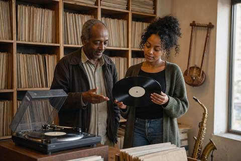 An older man and a young woman examining an unlabelled vinyl record in an Ethiopian music archive