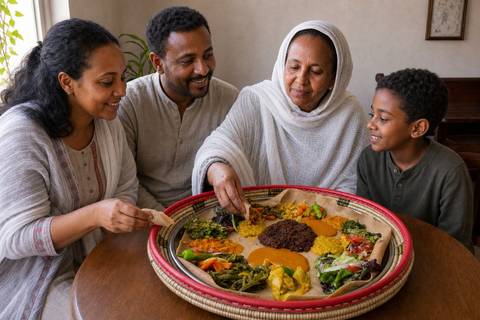 An Ethiopian Orthodox family sharing injera with lentils, vegetables, greens, and salad from a communal fasting platter
