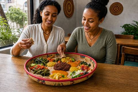 Two young Ethiopian women sharing yetsom beyaynetu with injera, lentil stews, greens, vegetables, and salad
