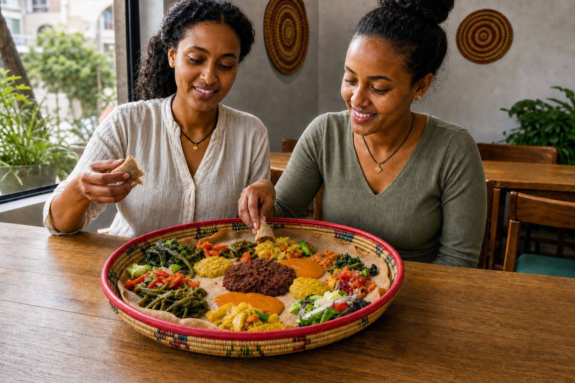 Two young Ethiopian women sharing yetsom beyaynetu with injera, lentil stews, greens, vegetables, and salad