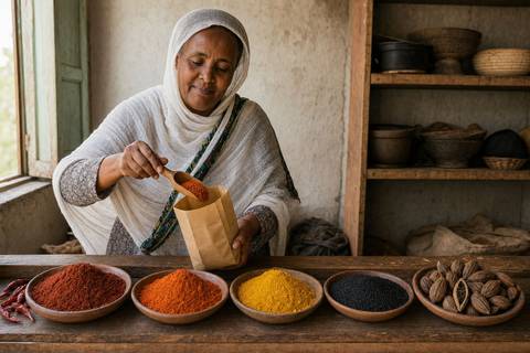 An Ethiopian market seller scooping red spice into a paper bag beside bowls of red, yellow, black, and whole spices