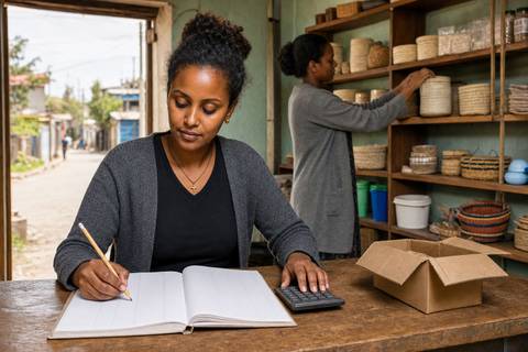 An Ethiopian shop owner writing in a ledger beside a calculator while a colleague arranges baskets on shelves