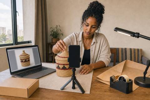 A young Ethiopian woman photographing a woven basket for an online product listing beside plain packaging