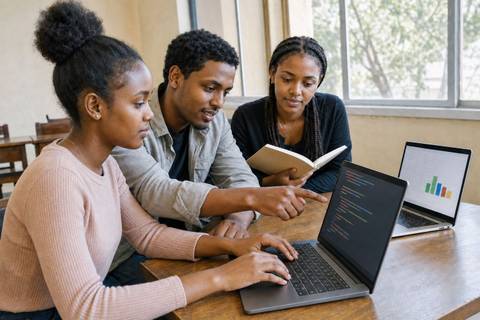Three Ethiopian students working together with laptops, a notebook, code, and a simple chart in a bright classroom