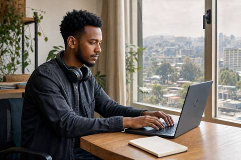 A young Ethiopian freelancer working at a desk with a laptop and notebook