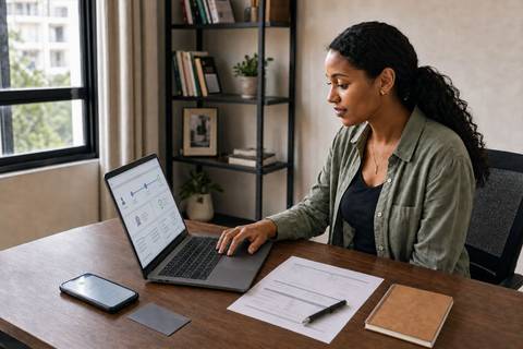 An Ethiopian professional reviewing an international payment on a laptop beside a phone and bank card