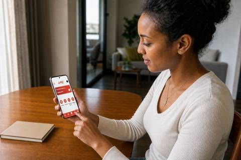 An Ethiopian bank customer using a mobile banking app while checking transaction details