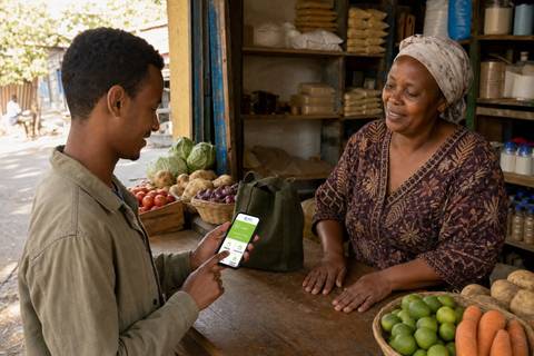 An Ethiopian customer using Telebirr on a phone while checking payment details