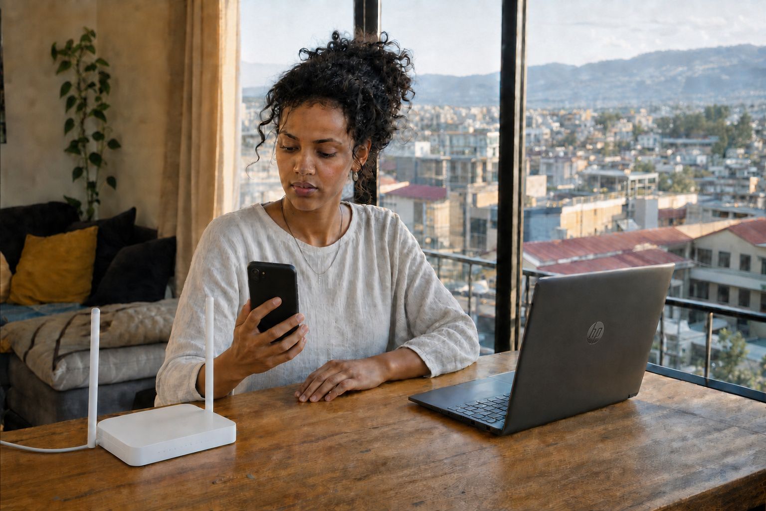 An Ethiopian customer comparing mobile internet packages on a phone at home