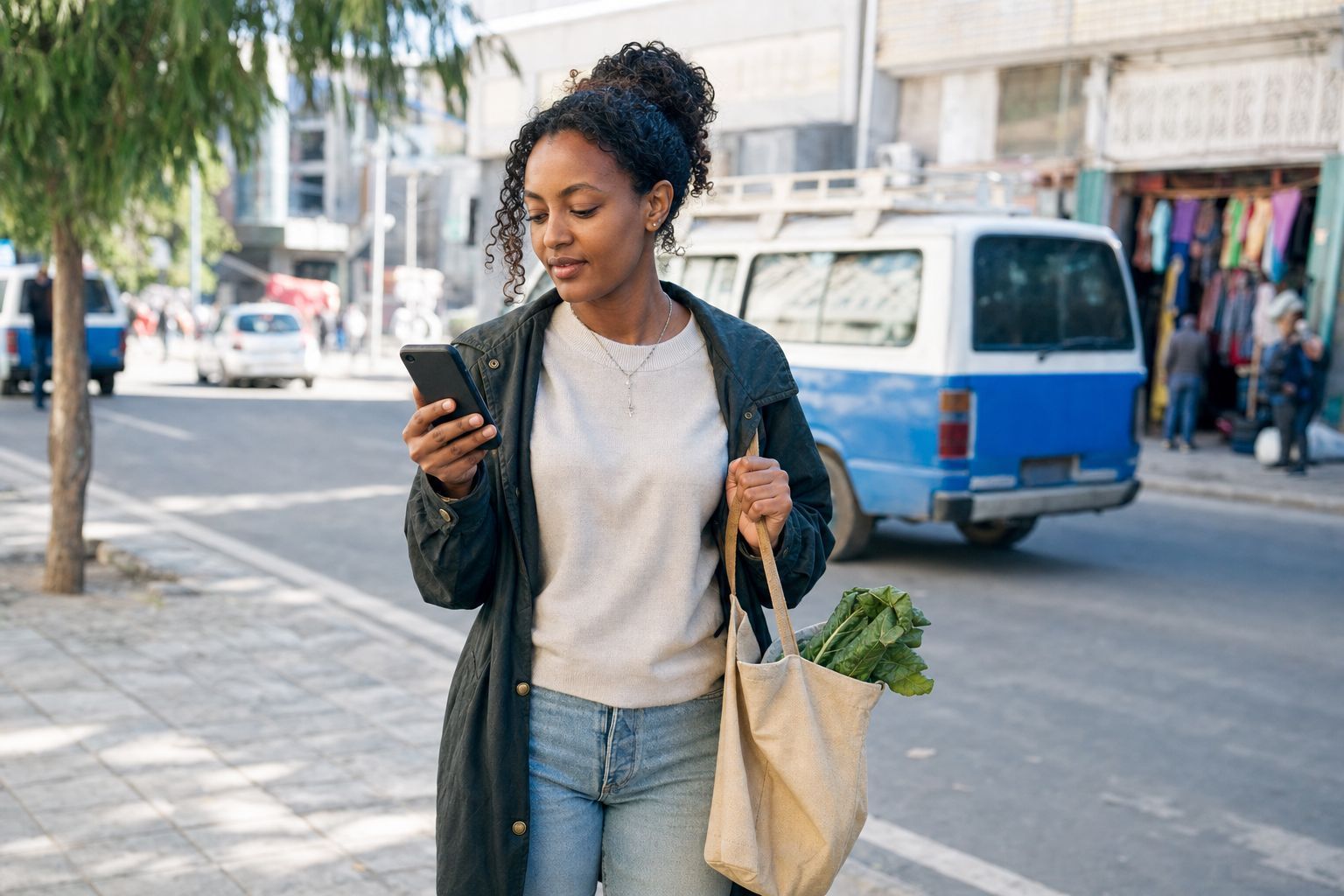 An Ethiopian phone user organizing useful local apps for payments, transport, maps, and travel