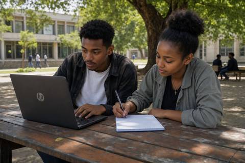 An Ethiopian student learning online with a laptop, notebook, and downloaded course materials