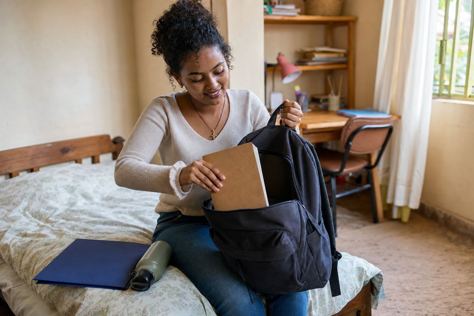 An Ethiopian student packing a notebook into her backpack before university