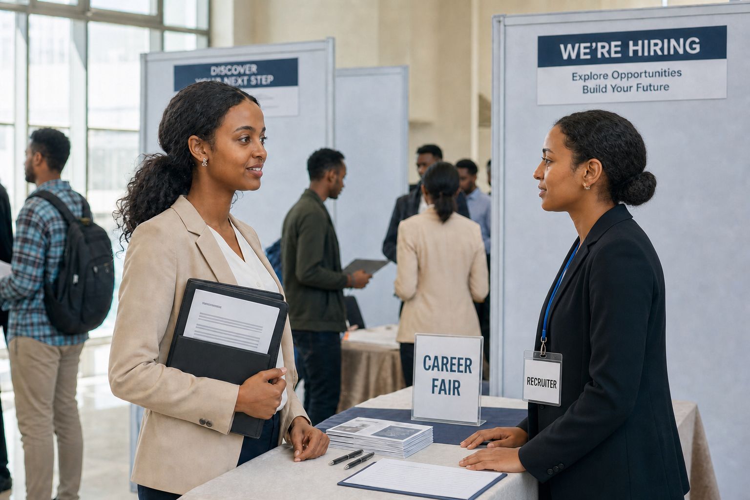 An Ethiopian graduate speaking with a recruiter at a career fair