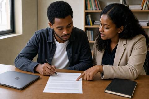 A young Ethiopian graduate and a career adviser reviewing a simple CV at a table
