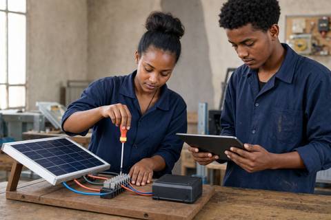 Two young Ethiopian trainees practising solar electrical work with a training rig and a tablet