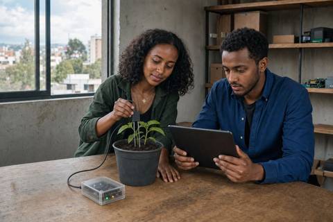 Two Ethiopian founders testing a soil moisture prototype with a tablet in an Addis Ababa workspace